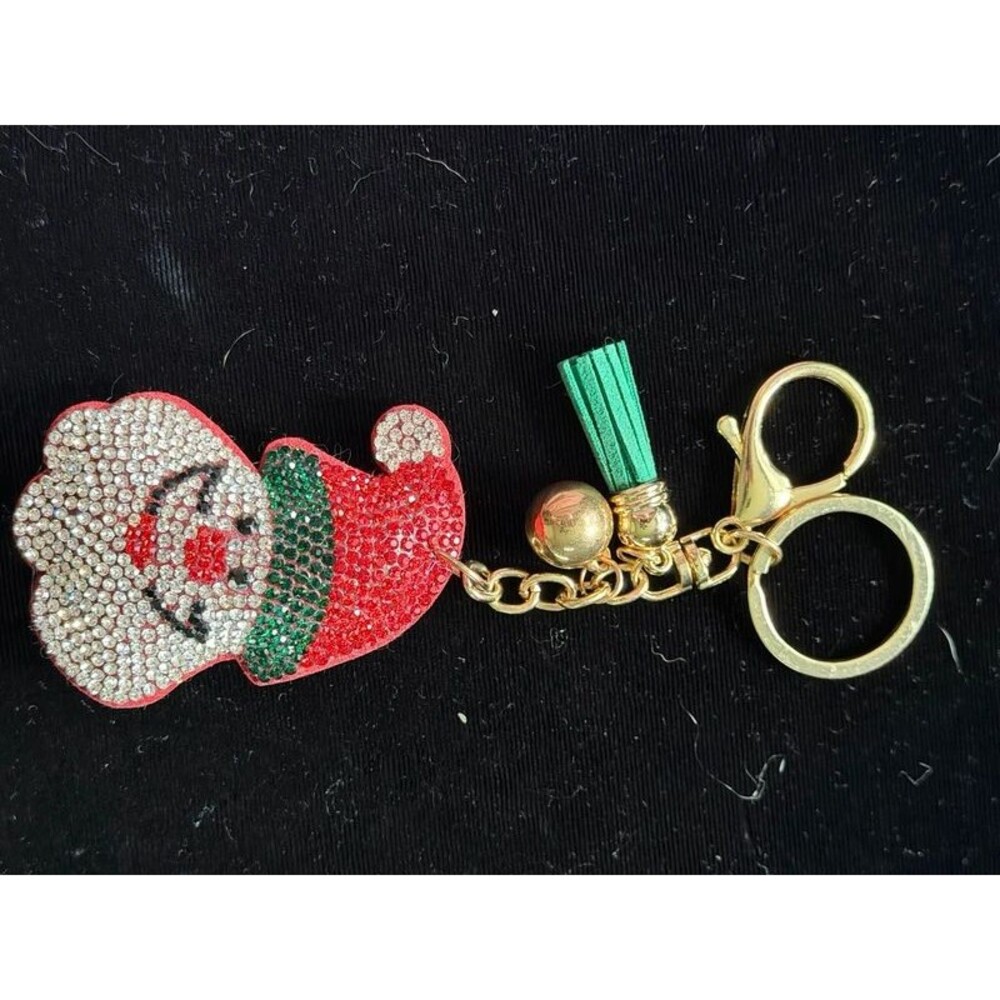 Bling Santa Face Keychain - Rhinestone - Green Tassel